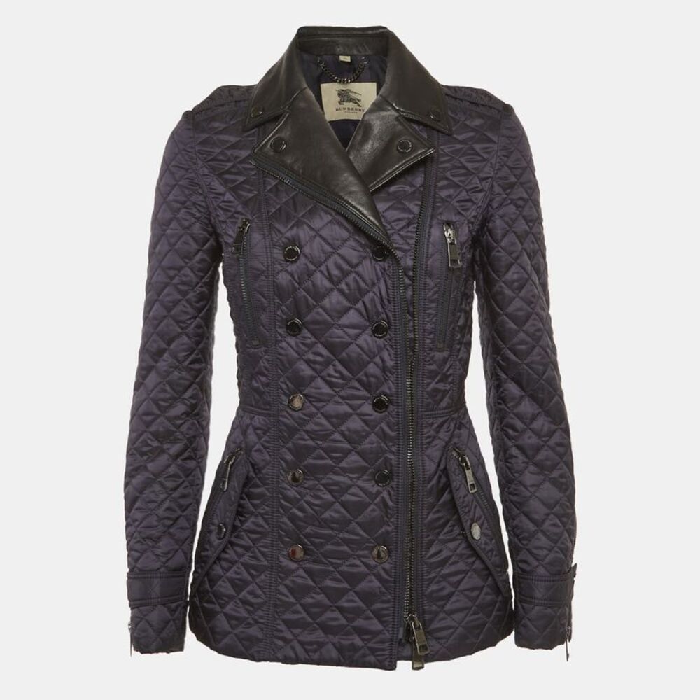 Burberry Blue Navy Blue Nylon And Leather Quilted Jacket Xs